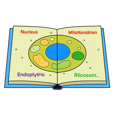 A colorful pop-up book illustration of an animal cell, designed to be vibrant and engaging. The cell is round and features a textured membrane with small bumps to represent the cell wall. Inside, various organelles are prominently displayed, including a large, bright blue nucleus in the center, surrounded by smaller organelles like a yellow mitochondrion and a green endoplasmic reticulum. Each part is labeled with bold, playful text that stands out, such as "Nucleus," "Mitochondrion," and "Ribosome." The labels are in fun fonts and are placed strategically around the organelles to enhance visibility. The background of the page is a light pastel color to provide contrast, making the cell and its components pop visually.