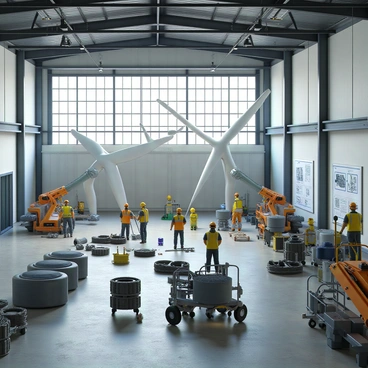 A factory with high ceilings and large windows is busy assembling giant wind turbines. The scene includes multiple wind turbine blades leaning against the walls, alongside large metal components such as nacelles and towers. There are workers in safety helmets and vests operating machinery and moving parts. Some parts are scattered across the concrete floor, including tools and pieces of equipment. The atmosphere is filled with industrial sounds, and the walls are adorned with diagrams and specifications of the turbines.