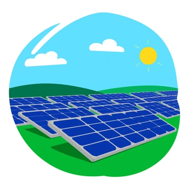 A vast field of solar panels arranged in neat rows, glistening with reflections under a bright midday sun. The panels are a deep blue color and are positioned at an angle to maximize sunlight capture. Green grass surrounds the edges of the field, and a few fluffy white clouds drift across the clear blue sky. The sun is high above, casting sharp shadows and illuminating the panels, creating a vibrant contrast between the solar panels and the natural landscape.