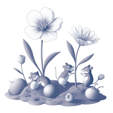 A group of small mice is seen working diligently in a lush garden. They are interacting with large, oversized flowers that tower above them, their petals open wide. The flowers display intricate details, showcasing the texture of their surfaces. Nearby, there are oversized vegetables that the mice are tending to, with some digging in the rich soil. The scene captures the lively activity of the mice as they care for their vibrant environment, surrounded by a sense of abundance and growth.