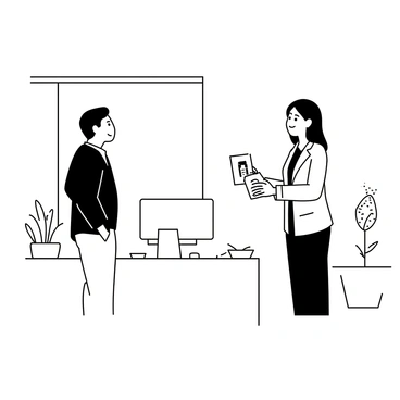 A recruiter presenting a new hire with an orientation kit in a bright office space.