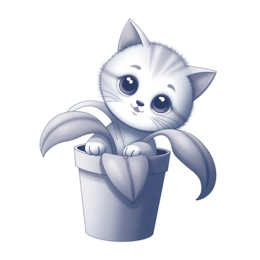 A small kitten with soft fur is peeking out from behind a potted plant. Its large, bright eyes are wide with curiosity as it observes its surroundings. The potted plant features broad leaves that partially obscure the kitten, creating a sense of playfulness in the composition. The kitten's ears are perked up and alert, adding to its inquisitive demeanor. The scene is set in a cozy indoor environment, with the focus clearly on the interaction between the kitten and the plant.