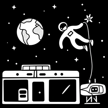 An astronaut in a spacesuit is floating outside a spacecraft, tethered with a thin line. The spacecraft has intricate details, showcasing panels and mechanical structures. In the background, the Earth is visible, partially illuminated with a textured surface depicting land and water masses. Stars are scattered throughout the black expanse of space around the scene.