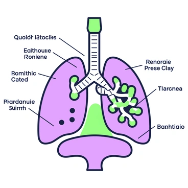 An illustration of the human respiratory system is presented, showcasing the key organs involved in the process of respiration. The central focus is on the lungs, which are depicted prominently on either side. The trachea is visible at the top, connecting the throat to the lungs, and branching into the bronchi that lead into each lung. The diaphragm is shown at the bottom, beneath the lungs, and the ribs surround the structure, highlighting the protective cage. Each organ is clearly labeled with text, ensuring the anatomical features are easily identifiable. Additional details such as the alveoli can be seen within the lungs, represented with small clusters to indicate their function in gas exchange.