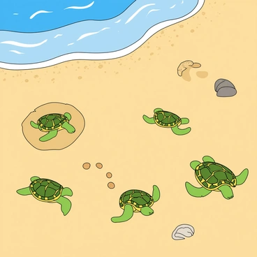 A sandy beach with light tan grains glistening under the sunlight. In the foreground, several tiny painted turtle hatchlings are emerging from their eggs, which have cracked open, revealing their delicate shells. The hatchlings have vibrant green and yellow patterns on their shells, and their small legs are just starting to stretch out. A few hatchlings are making their way across the sand towards the ocean, leaving tiny footprints behind. In the background, gentle waves lap at the shore, creating a sense of movement and life. There are a few seashells scattered on the sand near the hatchlings, adding to the beach scene.