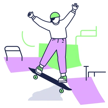 A stickman is positioned on a skateboard, executing a trick at a skate park. The stickman is extending one arm upward while the other arm is bent at the elbow, showcasing balance and control. Below, the skateboard is mid-air, with one wheel lifted off the ground while the other three remain in contact with a ramp. The skate park features a smooth surface with various ramps and rails in the background. There are shadows cast on the ground, creating a sense of depth and movement.