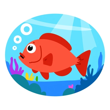 A cartoon snapper fish with bright red scales swims playfully in clear blue water. The fish has large, expressive eyes and a wide smile, creating a cheerful appearance. Bubbles of varying sizes float up around the fish, creating a sense of movement and fun. Colorful coral reefs can be seen in the background, adding vibrancy to the underwater scene. Sunlight filters through the water, casting gentle rays that illuminate the fish and create a lively atmosphere.