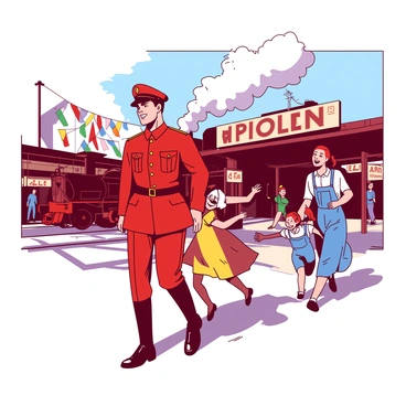 A red 1940s soldier in a crisp uniform stands at a bustling train station, beaming with joy. Surrounding him are his family members, including a woman in a blue dress and two children, a girl in a yellow dress and a boy in blue overalls. They are all smiling widely, rushing toward the soldier with open arms. In the background, a vintage steam train is parked, releasing a puff of white smoke. The platform is adorned with colorful banners, and other travelers are seen in the distance, adding to the lively atmosphere of the scene.
