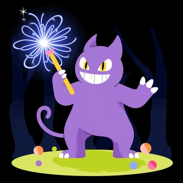 A purple Gengar with its signature mischievous grin stands on a grassy patch, casting a magical spell. The Gengar holds a glowing wand that emits vibrant blue sparkles. Around the wand, swirling energy in shades of blue and purple radiates outward. In the background, there is a darkened forest with silhouettes of trees, enhancing the mystical atmosphere. The ground is scattered with colorful magical orbs that reflect the wand's light.