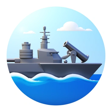 A powerful cannon positioned prominently on the deck of a modern battleship. The battleship features sleek, angular designs with multiple turrets and radar systems. The ocean is visible in the background, with waves crashing against the hull of the ship. The sky is clear with a few clouds, and sunlight reflects off the water's surface. The cannon is detailed, showcasing its metallic structure and barrel, emphasizing its size and capability.