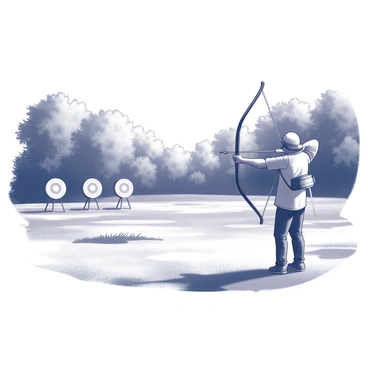 An archer stands poised with a bow, focusing intently on a series of targets positioned at varying distances in the foreground. The archer is dressed in a practical outfit suitable for outdoor activity, with a quiver of arrows secured to their side. The archery range features a sprawling landscape filled with dense trees and patches of grass, creating a natural backdrop. Sunlight filters through the leaves, casting dappled shadows on the ground. The archer's stance is steady, with their left foot forward, and the right hand pulling back the bowstring, creating tension in the string. The targets are circular, clearly marked, and are set against the greenery, emphasizing the challenge ahead.