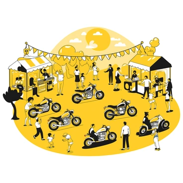 A vibrant festival scene with rows of motorcycles on display, showcasing various models. Groups of people are mingling around the motorcycles, some admiring the details while others are engaged in conversation. Brightly colored banners and flags adorn the area, and food stalls are set up nearby, with vendors serving delicious snacks. A few children can be seen playing in the background, adding to the lively atmosphere. The sun is shining above, casting interesting shadows on the ground.