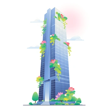 A tall, futuristic skyscraper is displayed prominently in the image. The building's façade is primarily covered in shimmering solar panels that reflect sunlight, creating a dynamic play of light. Surrounding the structure are lush vertical gardens that feature a variety of vibrant green plants and colorful flowers. The gardens are integrated seamlessly into the design of the skyscraper, cascading down from the corners and balconies. The base of the building is lined with sleek, modern pathways, and there are a few small trees and shrubs adorning the landscape. Above, the sky is clear with a hint of soft gradient colors, suggesting a vibrant sunset.