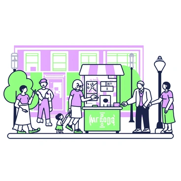 A busy street scene filled with people walking and engaging with each other. In the center, there is a kiosk that prominently displays "War Bonds" written in bold letters. The kiosk is surrounded by a diverse group of individuals, including a young couple discussing the bond options, an elderly man reading a brochure, and a child pointing at the kiosk. Nearby, there are lampposts lining the street, and a few trees add greenery to the environment. The storefronts in the background feature large windows displaying various goods. The sky above is clear, adding a vibrant feel to the bustling atmosphere.