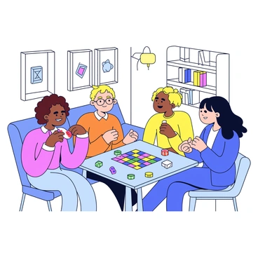 A group of four friends is gathered around a square table in a cozy living room. One friend, with curly brown hair, is holding a game piece, while another friend, wearing glasses, is looking at the game board thoughtfully. A third friend, with short blonde hair, is laughing, and a fourth friend, with long black hair, is reaching for a card. The table is covered with different board games and colorful game pieces. In the background, a comfortable couch and a shelf filled with books can be seen. A warm light illuminates the room, creating a welcoming atmosphere.