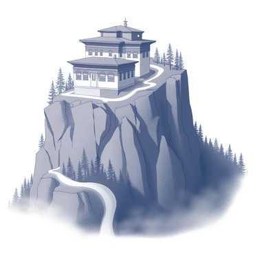 A high cliff with a rocky surface forms the backdrop for a striking monastery. The monastery has several tiers, characterized by traditional Bhutanese architecture, including intricate wooden windows and ornate rooftops. The building is nestled against the cliffside, with sheer drops visible on either side. Below, a dense forest of tall trees fills the valley, enhancing the height of the cliff. Mist drapes around the edges of the cliffs, creating a mystical atmosphere, while a winding path leads up to the monastery entrance.