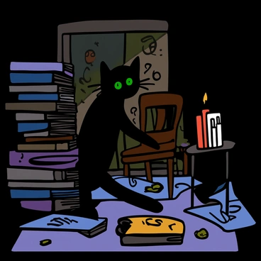 A curious black cat with bright green eyes peeking around a corner in a dimly lit, cluttered room. The cat's ears are perked up, showing its alertness. In the background, there are stacks of books, scattered papers, and an old wooden chair partially visible. Shadows create a mysterious atmosphere as the light source comes from a flickering candle on a small table. The walls are adorned with faded wallpaper, adding to the room's cluttered and cozy feel.