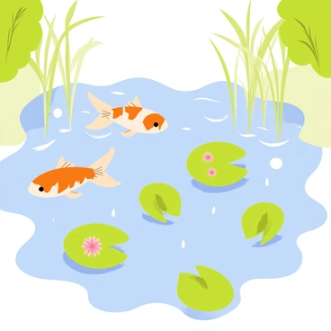 A vibrant pond filled with orange and white koi fish swimming gracefully. The water surface is disturbed by gentle raindrops, creating a pattern of ripples that spread outwards. Lush green lily pads float on the water, some with delicate pink flowers atop them. The background features a soft, blurred representation of trees and reeds surrounding the pond, adding to the tranquil scene.