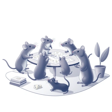 A group of five mice gathered around a small table, engaged in an animated discussion. The mice are standing on their hind legs, with some gesturing with their paws while others lean in closer to listen. On the table, there are scattered crumbs that the mice are using as makeshift maps or plans. Nearby, a sleek black cat crouches low behind a potted plant, its tail flicking back and forth, eyes focused intently on the mice, waiting patiently for its chance to pounce. The setting is a cozy home environment, with soft textures and small details like a nearby piece of cheese and a small stack of books, supplementing the scene.