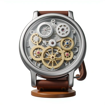 An intricate mechanical watch with a silver-toned metal casing and a transparent glass cover showcasing its inner workings. The watch features several shiny, interchangeable gears made of brass and stainless steel, with intricate designs and engravings. The movement of the gears is visible, displaying a blend of polished and brushed finishes. Small screws and tiny springs are also present, adding to the complexity. The watch has a leather strap that connects it to a wooden surface below, highlighting its craftsmanship.