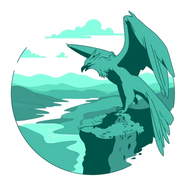 A teal mythical griffin with majestic wings is perched on a rugged cliff. The griffin has an eagle's head and sharp, piercing eyes, scanning the horizon for any signs of movement. Below, a vast landscape stretches out, showcasing rolling hills and a shimmering body of water in the distance. The cliff is adorned with patches of green grass and small rocky outcrops, contrasting against the griffin's vibrant feathers. The sky above is filled with soft, white clouds, hinting at the beginning of dusk as the sun casts a warm glow across the scene.