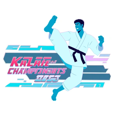 A striking sports banner featuring a karate athlete with a muscular build and wearing a traditional white gi. The athlete is captured mid-air, performing a high kick with one leg extended upward and the other leg bent underneath. Their facial expression is focused and determined, emphasizing the intensity of the action. The background displays dynamic motion lines and vibrant colors that suggest speed and energy, enhancing the sense of movement. The text on the banner reads "Karate Championships 2023" in bold, eye-catching letters.