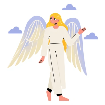 An angel with a serene expression is standing gracefully, spreading "magnificent, shimmering wings" that reflect an array of colors in the sunlight. The wings have intricate feather details, showcasing various hues of white and silver. The angel's long flowing hair is gently tousled by a "gentle breeze," adding a sense of movement to the scene. The background features soft clouds and a clear blue sky, enhancing the angel's ethereal presence.
