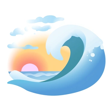 A large tsunami wave is towering in the background, with its crest curling dramatically. In the foreground, the sky is filled with gradient shades of orange and yellow as the sun sets on the horizon. The water surrounding the wave reflects the vibrant sunset colors, creating a striking contrast with the darkening ocean. Soft clouds are scattered across the sky, adding depth to the sunset scene. The overall atmosphere is one of awe and tension, highlighting the power of nature.