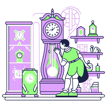 An antique clock shop filled with a variety of clocks of different sizes and designs. In the center, a grandfather clock stands tall, with ornate carvings and a pendulum. An elf with pointed ears and wearing a green tunic is focused on repairing the grandfather clock. The elf is holding a small tool in one hand and examining the inner mechanisms with a concentrated expression. Shelves line the walls, filled with smaller clocks, from cuckoo clocks to pocket watches, each with intricate details. Soft light filters through the windows, casting gentle shadows on the wooden floor.