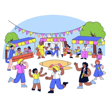 A lively village festival featuring several locals dressed in traditional attire. Some participants are engaged in playing games, showcasing colorful flags and cheerful decorations around the area. In one scene, a group is gathered around a traditional game, laughing and cheering each other on. Another group is playing musical instruments, such as drums and flutes, creating a festive atmosphere. Nearby, stalls are set up with vibrant decorations, where locals are selling handmade crafts and delicious food. The background depicts a clear blue sky and green trees, adding to the vibrant energy of the festival.