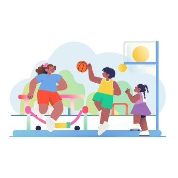 A group of three children is playing with a bright orange basketball on a sunny school playground. The first child, a girl with curly brown hair, is wearing a blue t-shirt and red shorts while dribbling the ball. The second child, a boy with straight black hair, is jumping in an attempt to block the shot while wearing a yellow tank top and green shorts. The third child, another girl with braided hair, is standing nearby in a purple dress, eagerly waiting to receive the ball. In the background, there are colorful swings and a slide, and the sun is shining brightly in a clear blue sky.