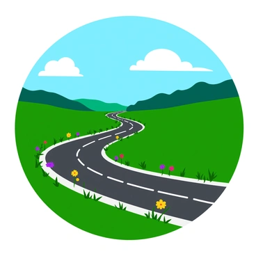 A winding highway covered in vibrant wildflowers and lush green grass. The wildflowers bloom in a variety of colors, including bright yellows, deep purples, and soft pinks, creating a colorful carpet across the asphalt. The sky is a clear blue with a few fluffy white clouds, adding to the serene atmosphere. The landscape on either side of the highway features tall grass swaying gently in the breeze, and the absence of any vehicles emphasizes the peacefulness of the scene.