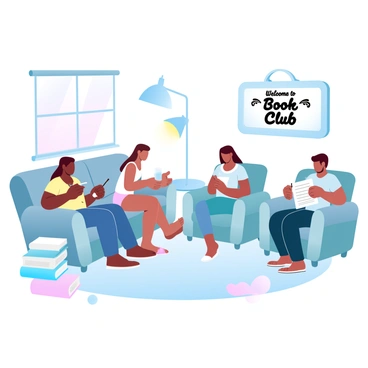 A group of four book club members is seated in a cozy living room filled with warm, gradient pastel colors. Two members are sitting on a large, comfortable couch, one with a notebook and a pen, while the other holds a cup of tea. A third member is positioned on a plush armchair, filling out a reading preference survey with a focused expression. The fourth member is leaning against a side table, looking at the survey being completed. Around them are stacks of books, a small lamp illuminating the space, and a window revealing soft light filtering in. A "Welcome to Book Club" sign is displayed on the wall in a decorative frame.