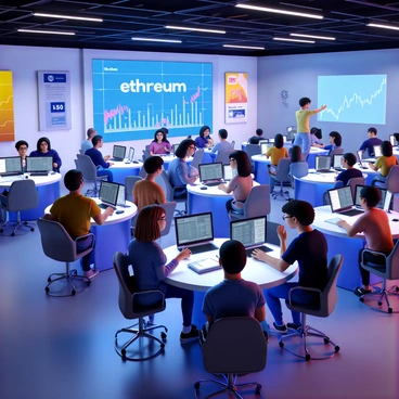 A bustling digital bank scene filled with people interacting with various high-tech interfaces. In the foreground, a group of diverse individuals, including a woman with curly hair and a man with glasses, are engaged in discussions about financial transactions. On one side, there are holographic displays showing the "Ethereum" logo along with graphs and charts reflecting fluctuating market trends in real-time. The interior is sleek, with modern furniture and vibrant digital art on the walls. In the background, a large screen is broadcasting news about decentralized finance innovations. Bright lighting enhances the energetic atmosphere of the space.