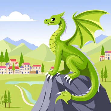 A majestic dragon with shimmering emerald scales and large, intricately patterned wings is perched atop a rugged mountain. The dragon gazes over a vast kingdom that stretches out below, complete with rolling hills and a winding river. The kingdom features quaint villages with colorful rooftops and tall, leafy trees scattered throughout. In the distance, a bright blue sky is dotted with fluffy white clouds, adding to the grandeur of the scene. The dragon's sharp claws grip the rocky surface as the sunlight catches its scales, highlighting its powerful presence.