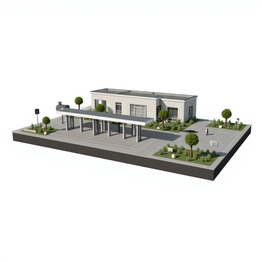 A detailed architectural plan of a light rail station showcasing various passenger access points and platforms. The station features multiple entry and exit points along the front facade for easy access. There are elevated platforms positioned for boarding and disembarking, complete with protective canopies overhead. The layout includes benches and signage for passenger convenience. Surrounding the station are landscaped areas with small trees and decorative plants, creating an inviting environment for commuters. The design emphasizes functionality and accessibility for all passengers.