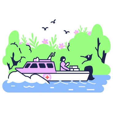 A medical emergency boat is speeding through a river surrounded by lush tropical vegetation. The boat is equipped with a red cross symbol on the side, and there are two medical personnel onboard, one at the helm and another preparing supplies. The riverbanks are lined with tall green trees, and in the background, there are hints of colorful tropical flowers peeking through the foliage. The water is rippling as the boat creates splashes, and a few birds can be seen flying above the canopy.