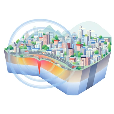 An aerial view of a city with seismic waves radiating from a transform fault