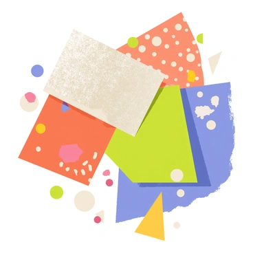 A modernist collage featuring a variety of textures and materials. The composition includes overlapping geometric shapes in different colors such as orange, blue, and green. There are pieces of fabric with polka dots, sheets of shiny metallic paper, and rough textured cardboard arranged together. Scattered throughout the collage are small cut-out shapes, like circles and triangles, that add depth and contrast to the scene. The overall arrangement creates an abstract and visually dynamic image.