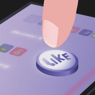 A close-up of a human finger pressing a glowing "like" button on a digital screen. The finger is elegantly manicured and has a light skin tone. The "like" button is round with a vibrant blue glow emanating from it, while the surrounding screen displays a softly blurred interface filled with social media icons and notifications. The background is dark to enhance the brightness of the glowing button, creating a striking visual contrast. The finger is slightly angled, emphasizing the action of pressing the button.