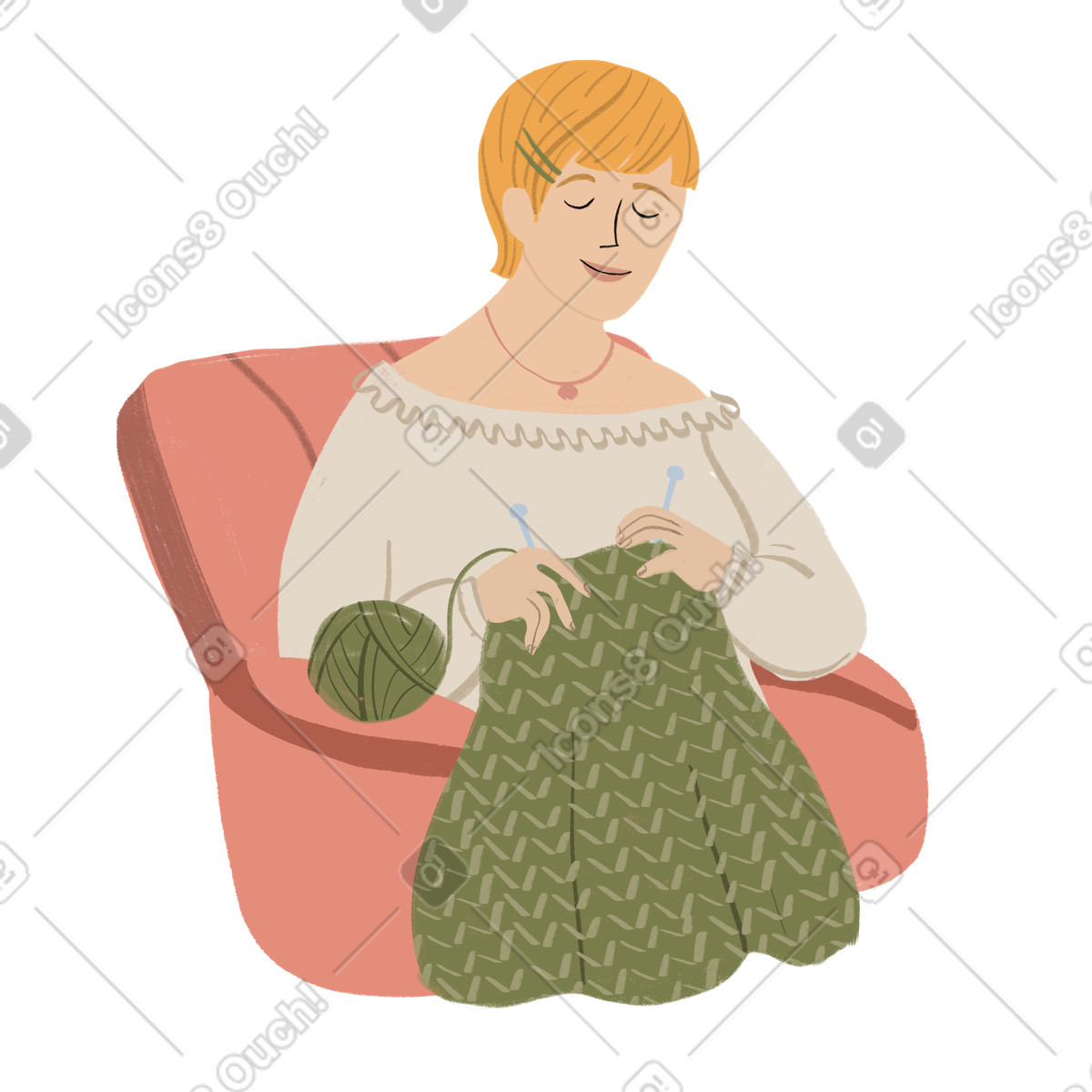 Blond woman knitting in a chair illustration Lumiere style download PNG, SVG