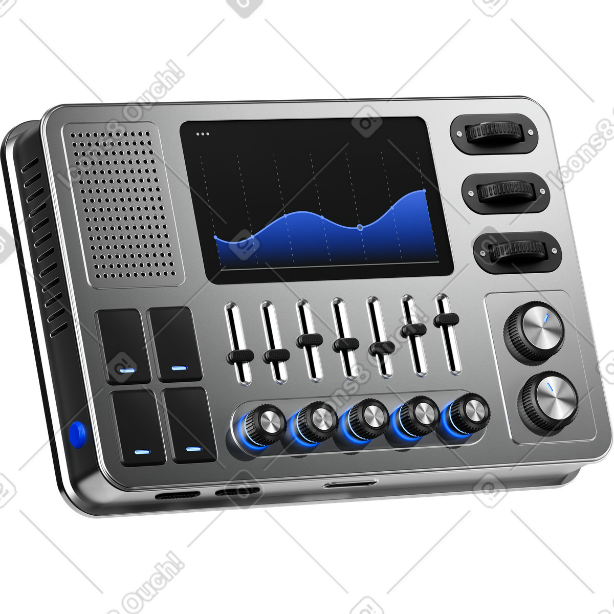 Ilustração de Mixer console with sliders knobs and screen displaying audio waveform em no estilo 3D Metallic para baixar em PNG, SVG