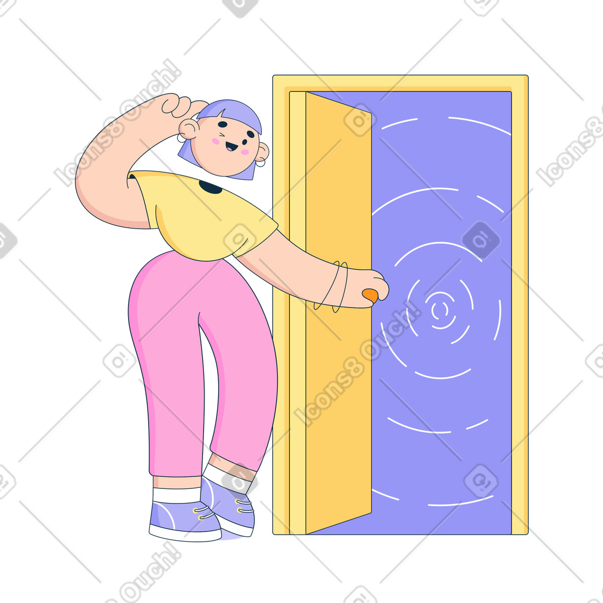 Ilustración Mujer desconcertada abre la puerta al vacío en estilo Bubble gum a descargar en PNG y SVG