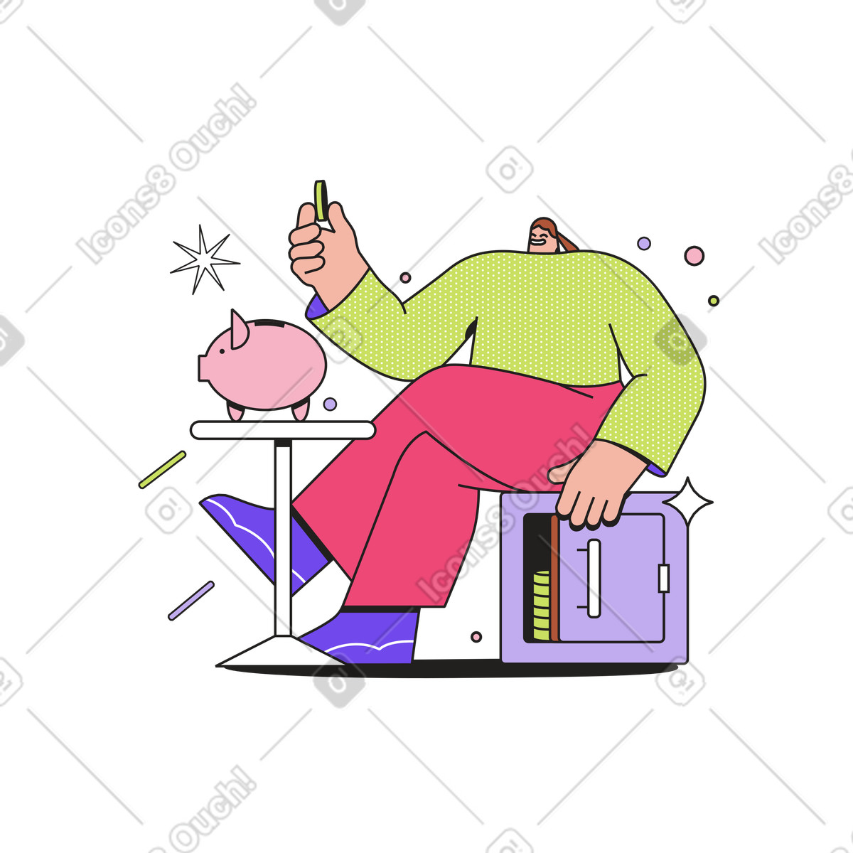Dazzle スタイルの Saving money in piggy bank and safe, personal savings financial management のイラストをPNG、SVG形式でダウンロード