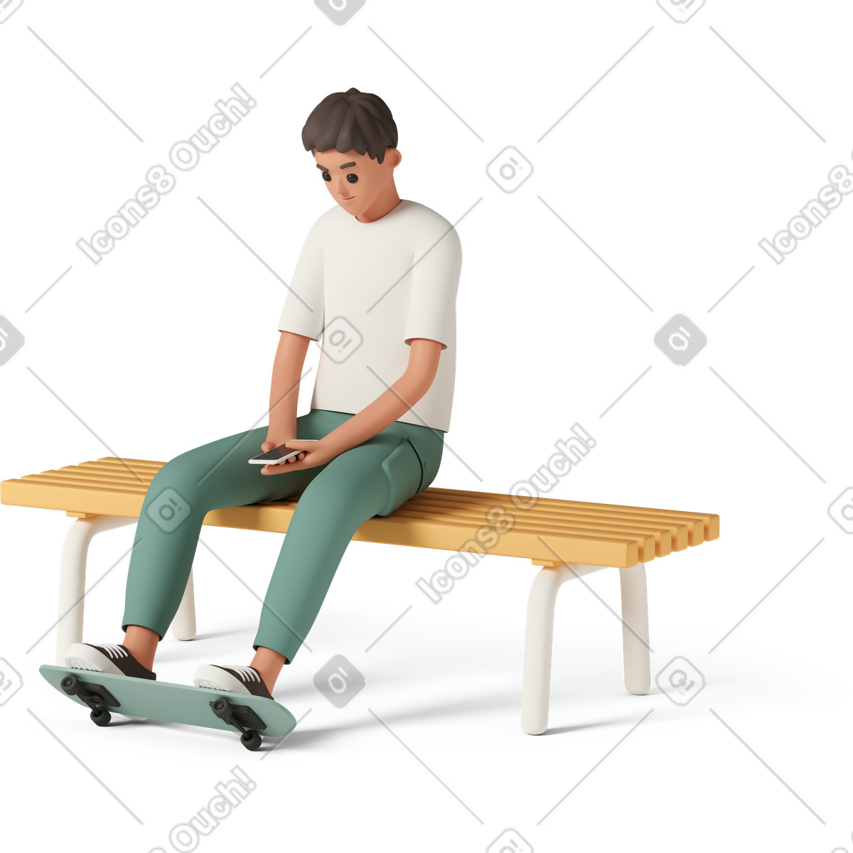 Ilustração de Jovem com skate sentado no banco, rolando telefone em estilo 3D Casual life para baixar em PNG, SVG