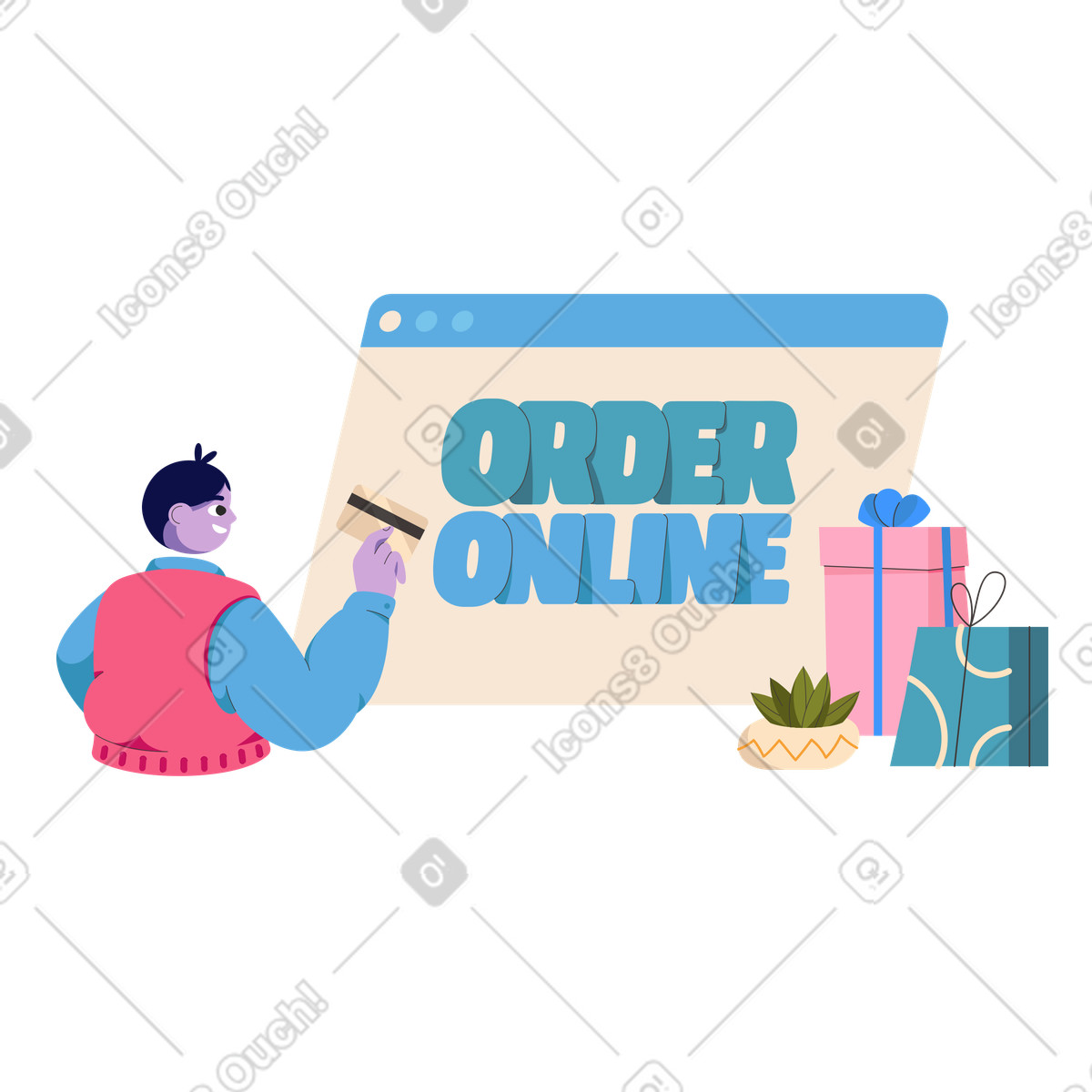 Dizzy スタイルの クレジットカードを持ってオンライン注文する男性 のイラストをPNG、SVG形式でダウンロード