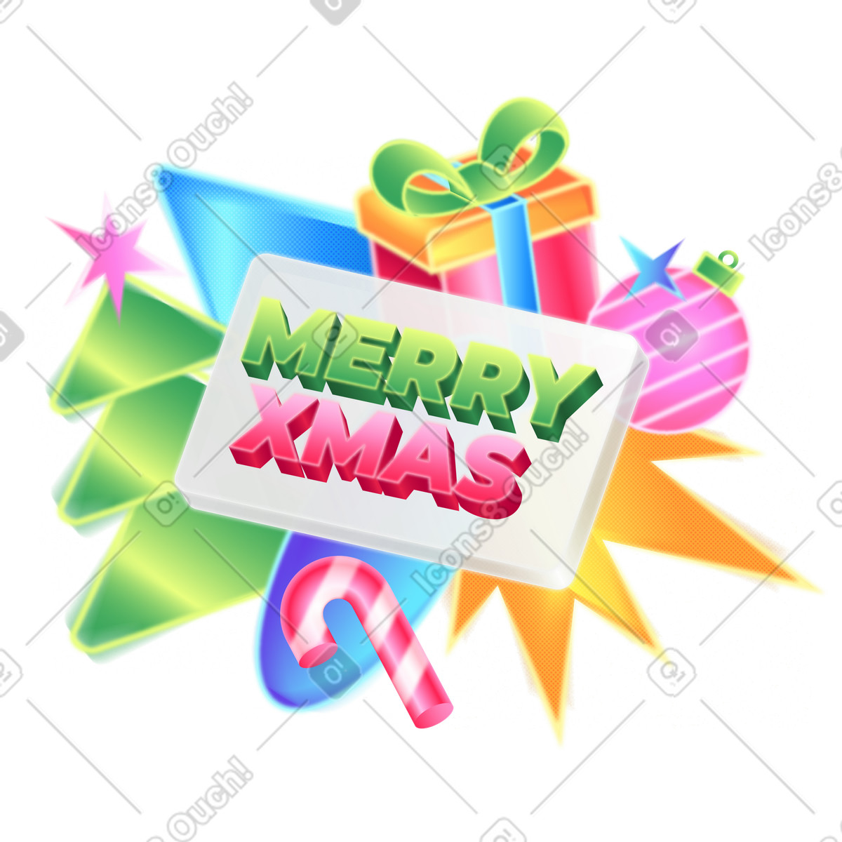 Lettering Merry Xmas with fir tree, gift and decoration illustration in Burst style download in PNG, SVG