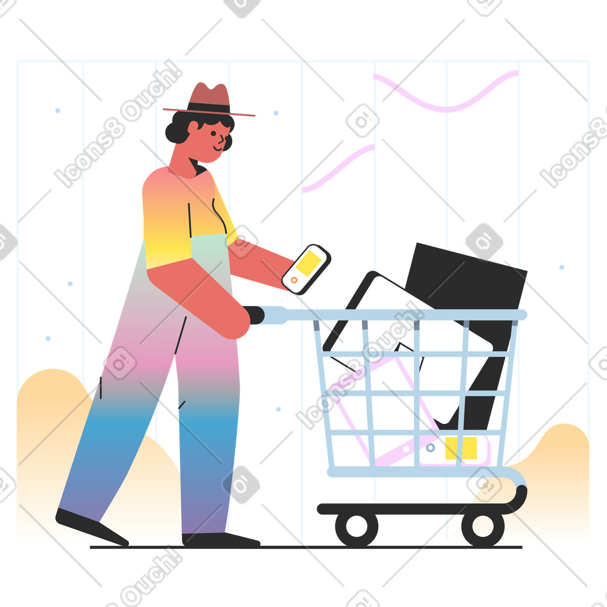 Illustration Personne faisant du shopping pendant le black friday dans style Marginalia à télécharger aux formats PNG, SVG