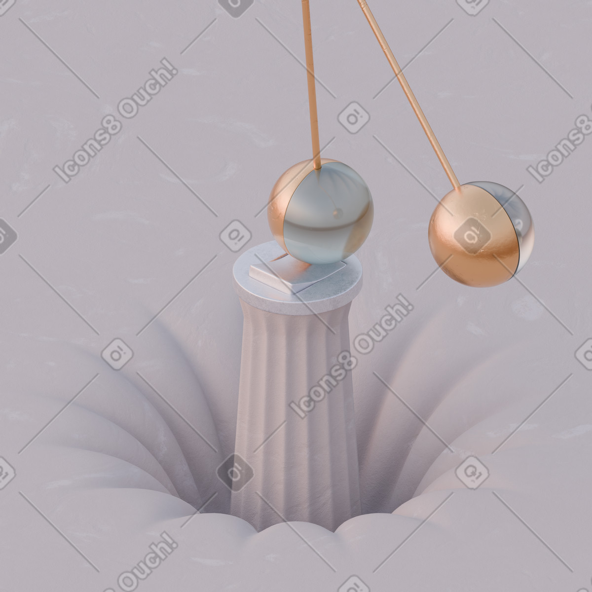 Illustration animée Pendule en argent et or sur colonne de granit, équilibre précision dans le style 3D Luxe à télécharger aux formats GIF, Lottie (JSON), AE
