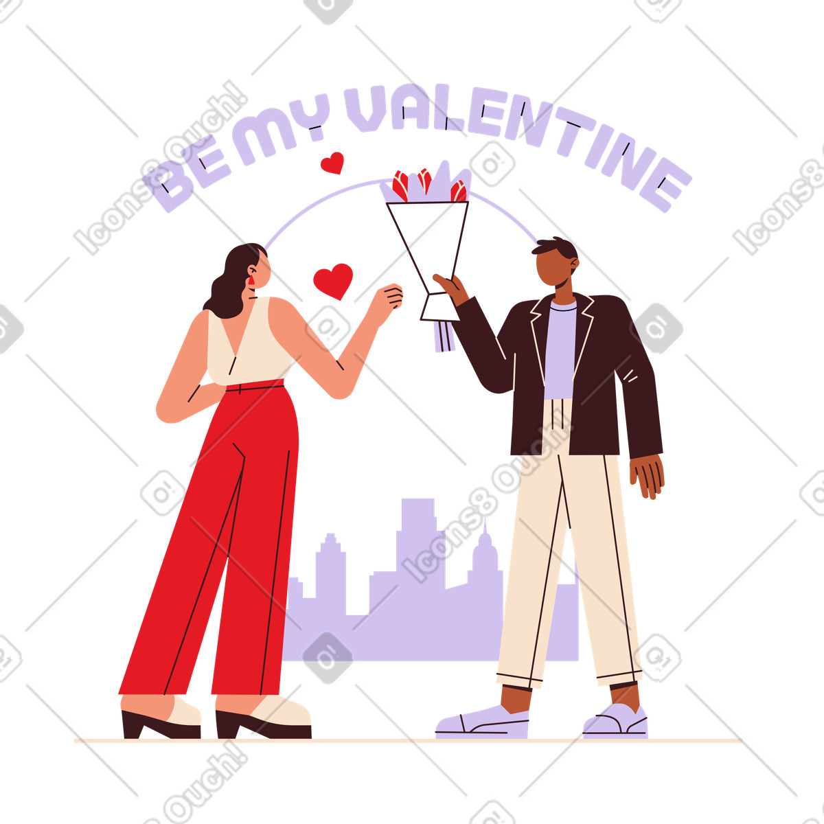 Valentine's Day gift exchange, Holiday celebration or romantic date illustration in Folks style download in PNG, SVG